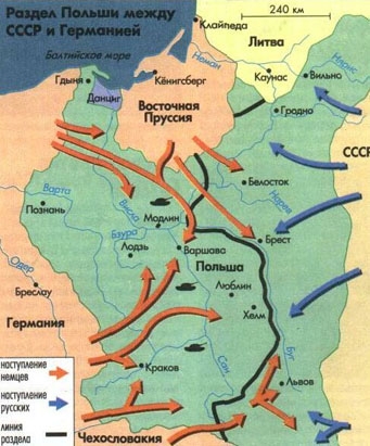 Действия немецких (красные стрелки) и русских (синие стрелки) войск в сентябре 1939 года